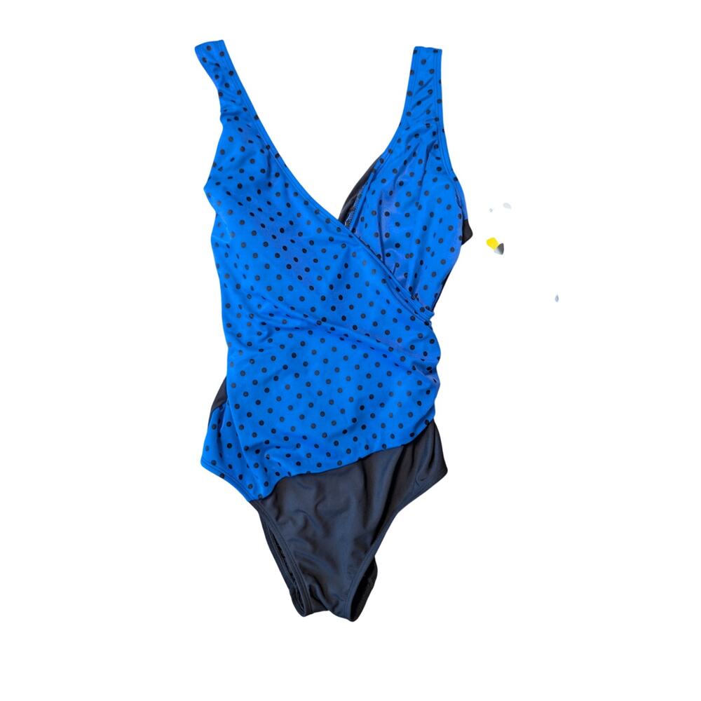 Longitude Women's Blue Polka Dot Surplice One Piece Swimsuit 14 Tummy Control